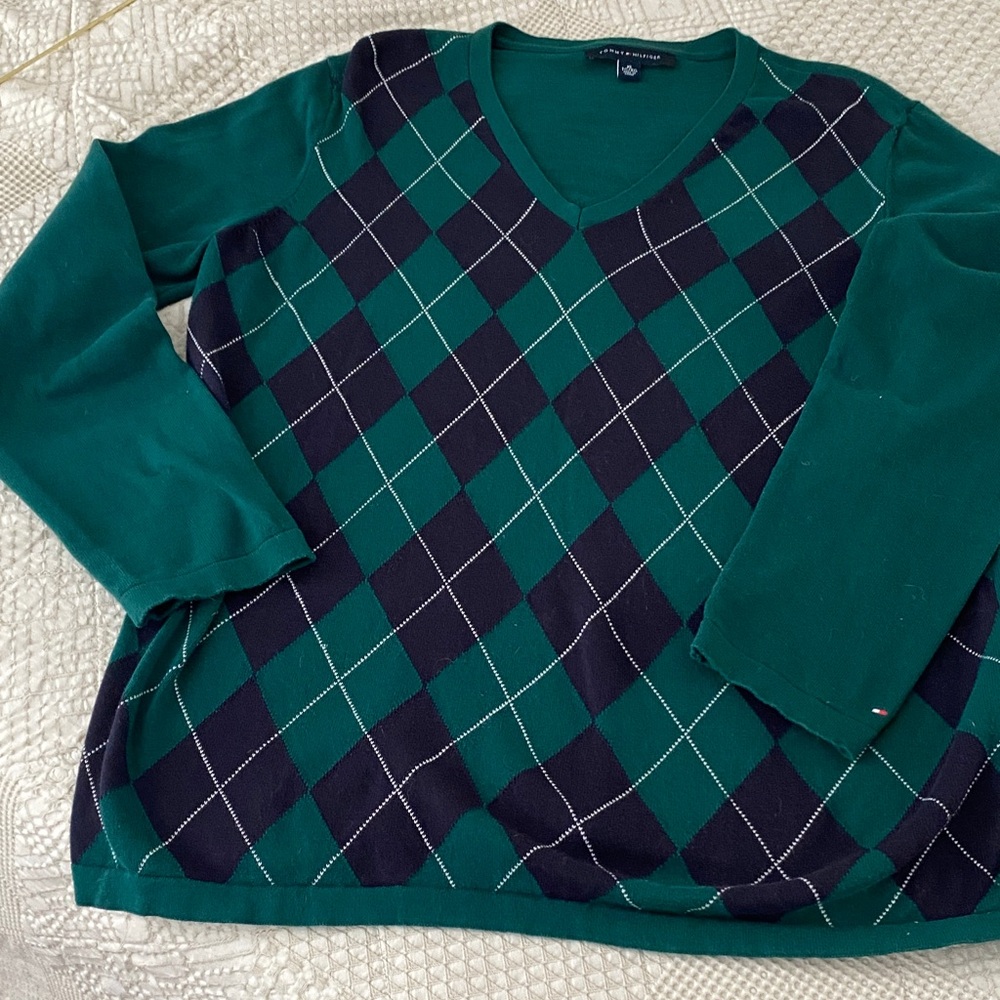 Tommy Hilfiger Green and Black V-Neck Sweater